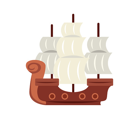 Sea pirate concept. Wooden ship or ship sails with mast and white sails. Colorful decorative icon for websites and applications. Cartoon flat vector illustration isolated on white background
