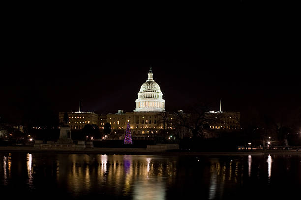 istock Night Illuminated US Capitol Building with Reflection and Christmas Tree 151518229