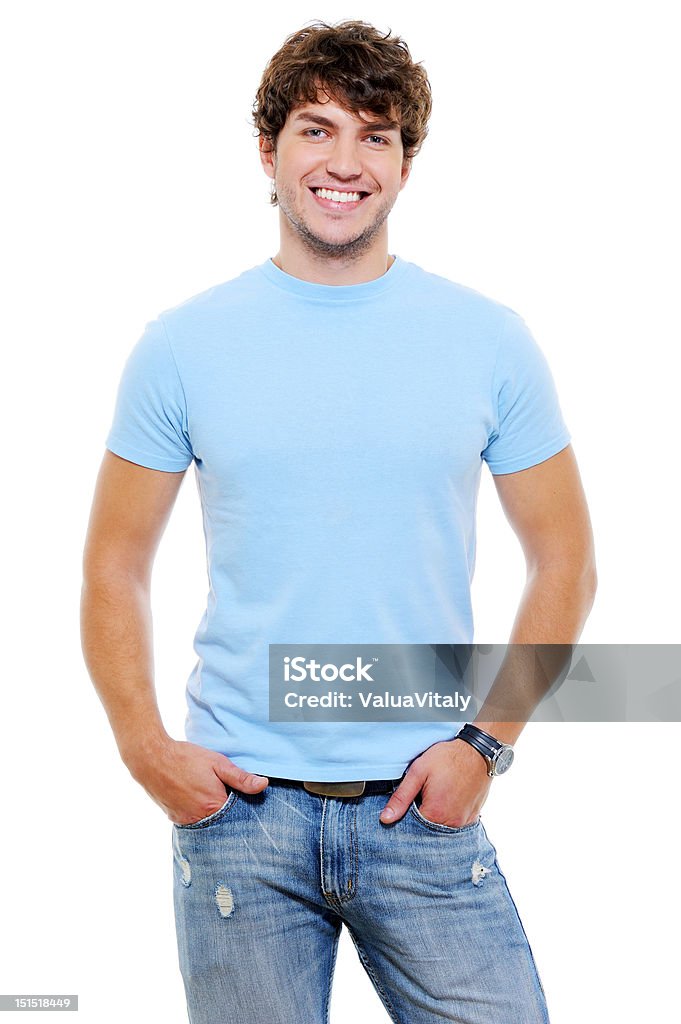 Portrait of smiling happy glad guy Portrait of smiling happy glad guy in casuals - isolated on white T-Shirt Stock Photo