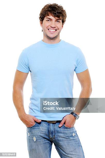 Portrait Of Smiling Happy Glad Guy Stock Photo - Download Image Now - T-Shirt, Blue, Men