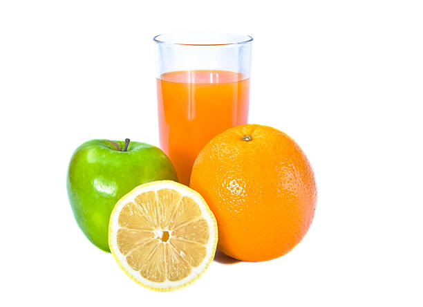 fruits and  fresh juice on white background stock photo