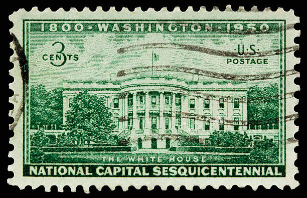 White House 1950 A 1950 issued 3 cent United States postage stamp showing National Capital Sesquicentennial - The White House. 150th anniversary stock pictures, royalty-free photos & images