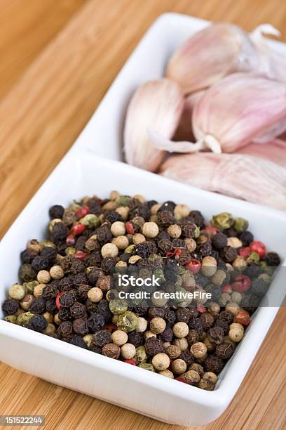 Peppercorns And Garlic Stock Photo - Download Image Now - Black Color, Clove - Spice, Food