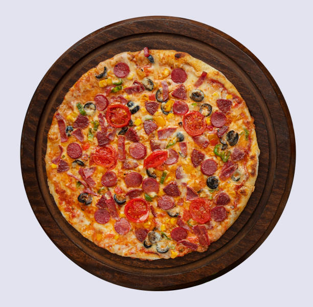istock Top view mixed pizza on the pizza board on isolated background. 1515226440