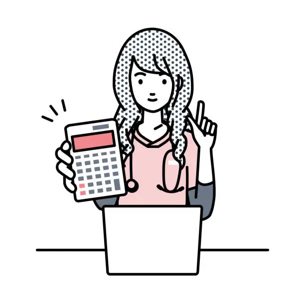 Vector illustration of a nurse woman recommending, proposing, showing estimates and pointing a calculator with a smile in front of laptop pc