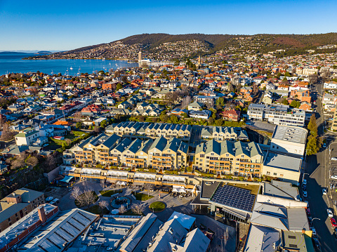 Hobart's Salamanca Place and Battery Point on a winter morning, from the air