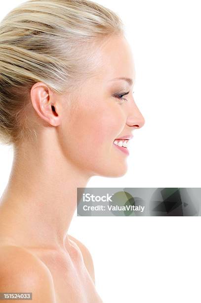 Profile Face Of Beautiful Laughing Woman Stock Photo - Download Image Now - Profile View, Beautiful Woman, Human Face