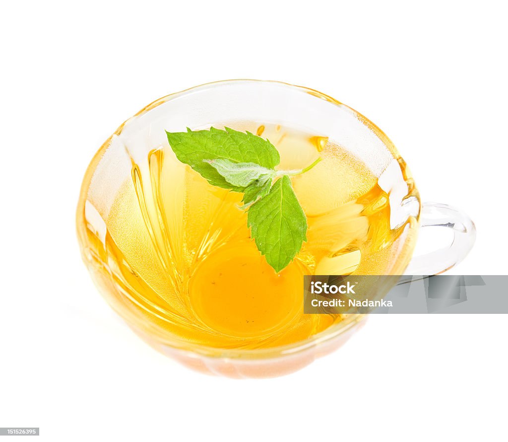 Herbal tea with fresh mint Fresh mint floating in cup of tea, isolated on white background. British Culture Stock Photo