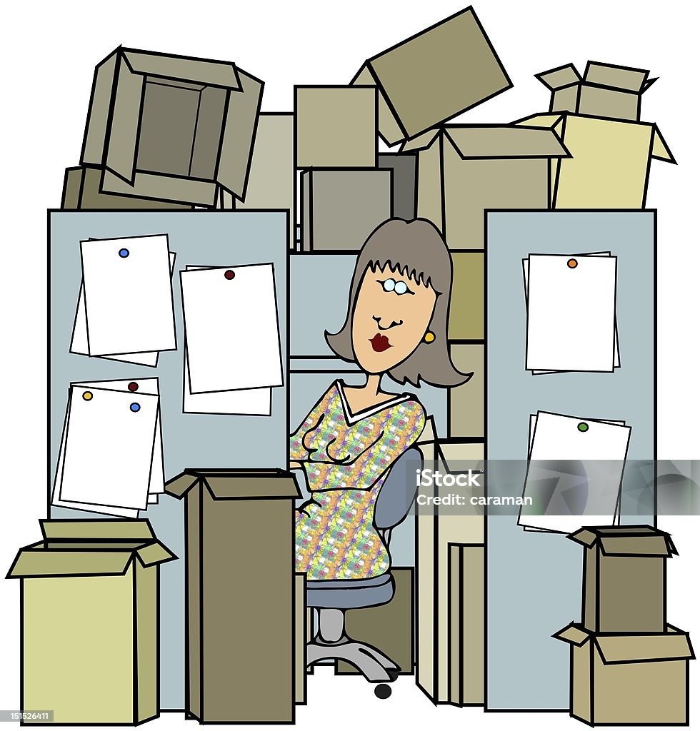 Woman In A Cluttered Cubicle This illustration depicts a woman working inside a cubicle cluttered with boxes. Adult stock illustration