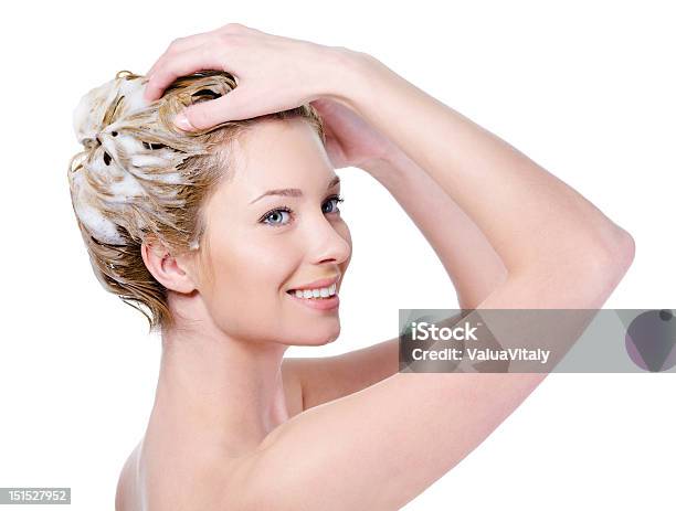 Woman Washing Hair With Shampoo Stock Photo - Download Image Now - Soap Sud, Washing, One Woman Only