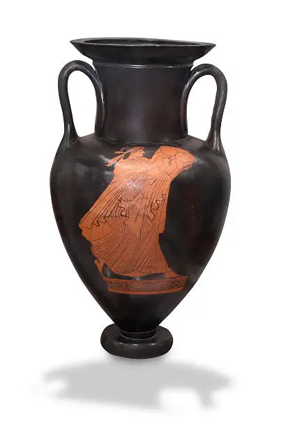 Red-figured Neck-amphora. Greece. About 510 B.C. Path on the white background.