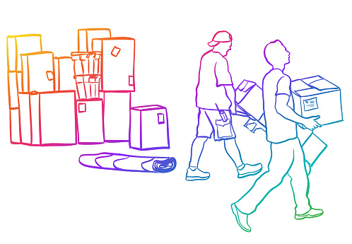 Sketch showing movers and boxes in the process of transporting to a new location. Rough sketch illustration.