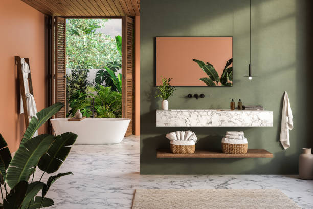 istock Modern contemporary style bathroom with tropical style yard view 3d render,There are marble floor and green and orange wall decorated with marble basin counter and black framed mirror 1515285529