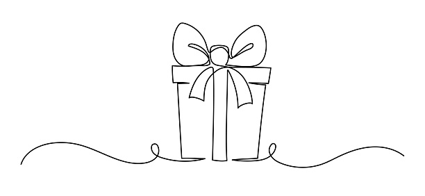 Gift Box Birthday or Christmas Continuous One Line Vector Outline Art Sketch. Celebration Events Present Bow Ribbon Box Minimal Doodle Abstract Simple Illustration. Holiday Package: Simple and Elegant