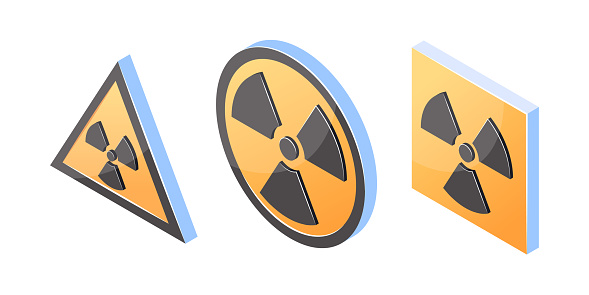 Ionizing radiation 3d signs. Set of hazard isometric icons with a trefoil. Vector illustration isolated on a white background.