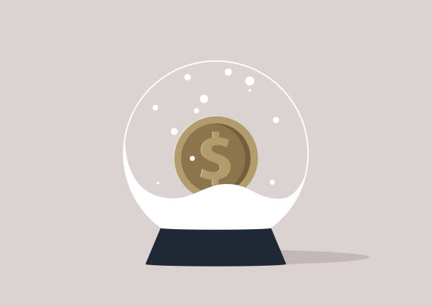 хрустальный шар, наполненный искусственным снегом, металлическая долларовая монета внутри - frozen currency finance ice stock illustrations