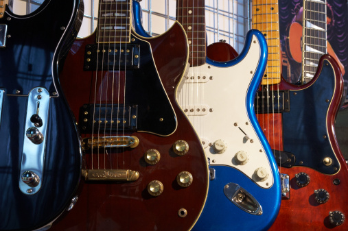 Close-up of electric guitars in a music shop