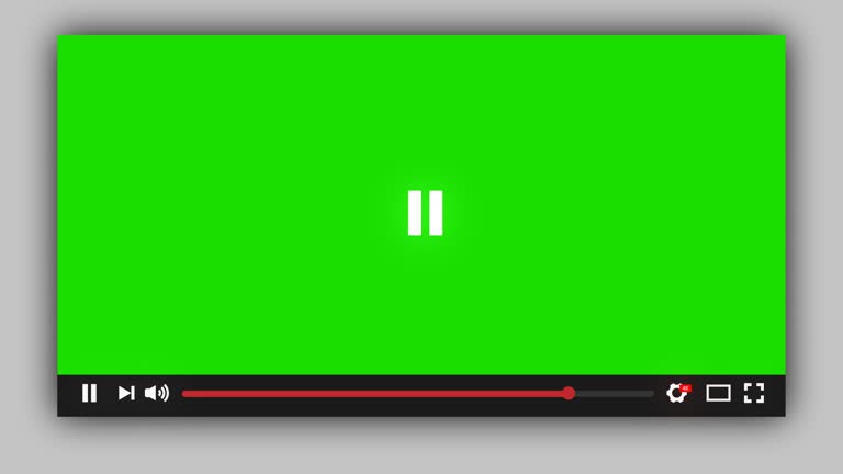 Video player play button clicked by mouse cursor animation Green screen. Media Player Video playback Interface. Multimedia player loading bar running timecode.  Play Pause stop media player button.