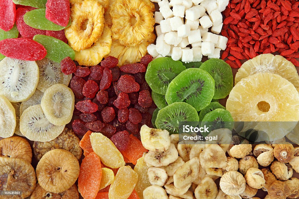 Top view of variety of dried fruits Mix of dried fruits close up Dried Fruit Stock Photo