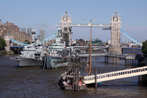 Thames skyline incorporating HMS Richmond (left), HMS Belfast (centre) and Tower Bridge (background). HMS Richmond, a veteran of the 2003 Iraq War, was anchored alongside HMS Belfast (between 5-12 July 2010) to foster the ship's relations with Borough of Richmond-upon-Thames.