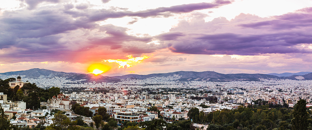 A sunset majestic look over Athens city with dramatic sky.