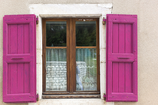 Le Vercors, France: Traditional Pink Shutters, Lace-Covered Windows