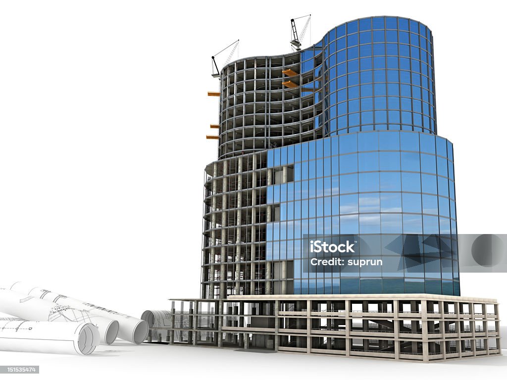 Scale model of a skyscraper with cloud reflection Skyscraper Construction rendering on white Building - Activity Stock Photo