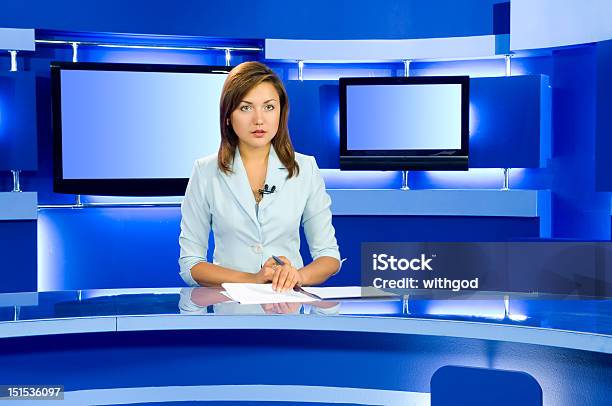 Television Anchorwoman At Tv Studio Stock Photo - Download Image Now - Newscaster, The Media, Television Set