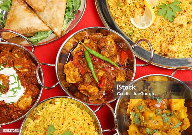 Indian Curry Meal Banquet Stock Photo - Download Image Now - Indian Food, Biryani, Prawn - Seafood