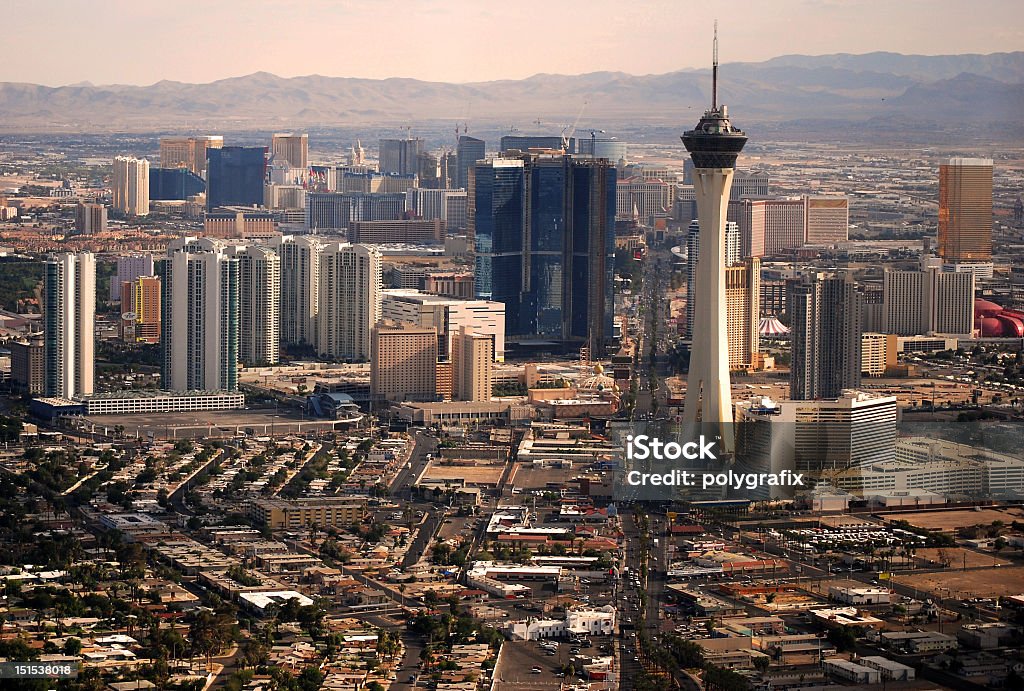 A daytime view of the Las Vegas strip North end of the Las vegas strip looking south with many casinos and landmarks. Aerial View Stock Photo