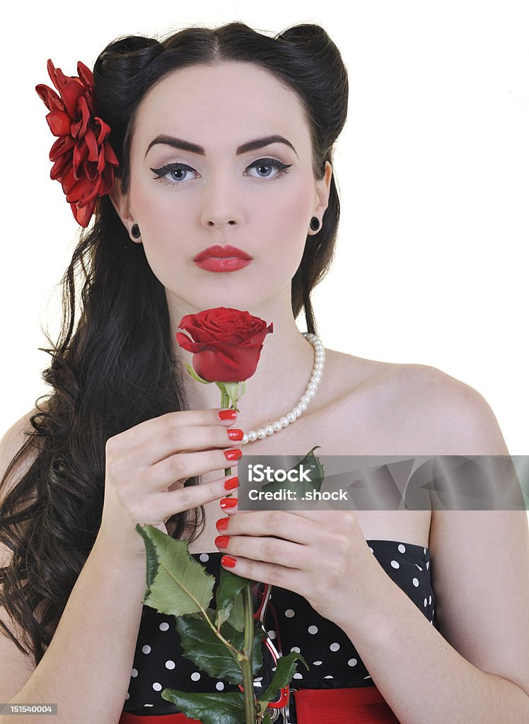 Junge Frau mit rose Blume, isoliert auf weiss - Lizenzfrei Attraktive Frau Stock-Foto