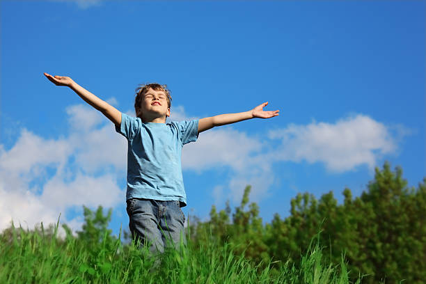 istock Boy standing with spreading hands on field against sky 151543920