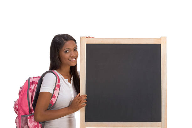 african american college student von blackboard - women placard teenage girls student stock-fotos und bilder