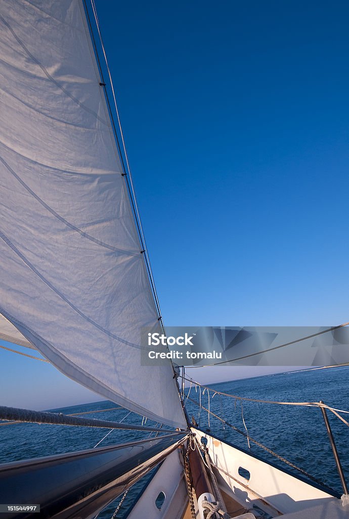 Sailboat in motion Sailboat navigates in the ocean at sunset time. Space for copy. Activity Stock Photo