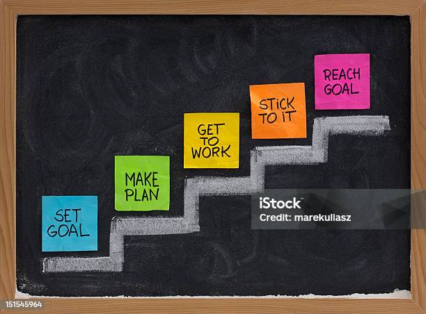 Set And Reach Goal Concept Stock Photo - Download Image Now - Adhesive Note, Steps, Aspirations