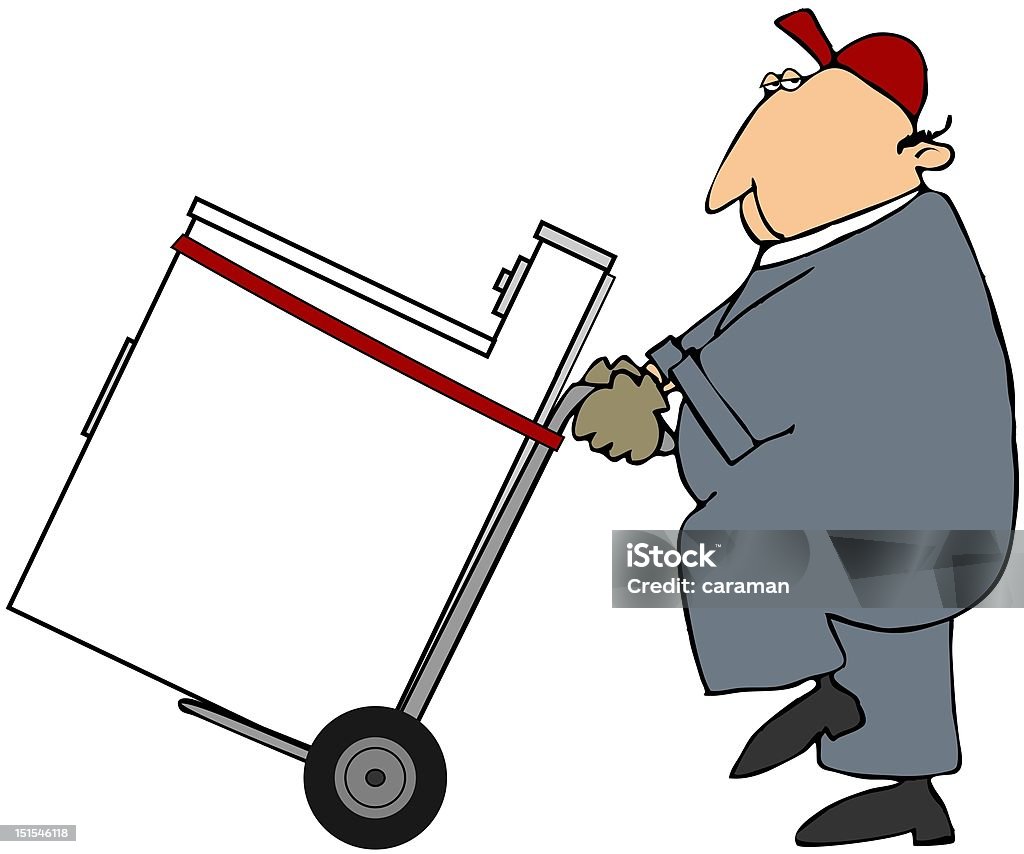 Worker Moving A Washer Or Dryer This illustration depicts a man using a hand truck to move a washing machine or clothes dryer. Hand Truck stock illustration