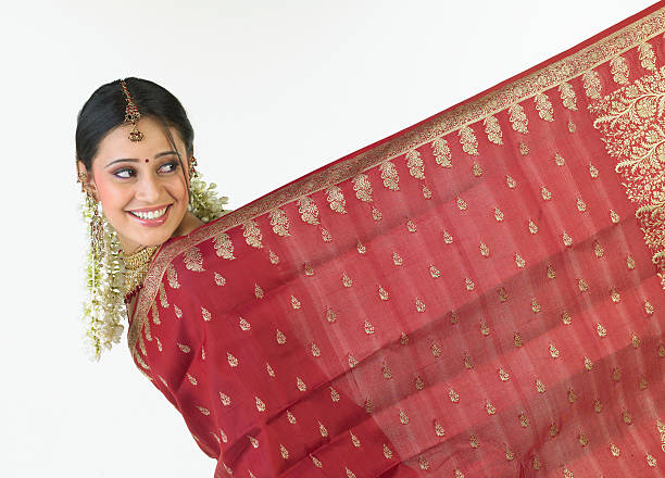 Asian girl with red silk sari stock photo