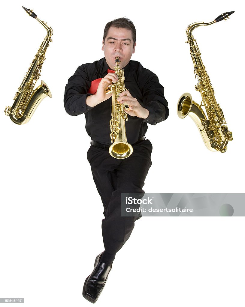 Latino Saxophone Player Isolated on White A latino saxophone player with his instruments isolated on white. Adult Stock Photo