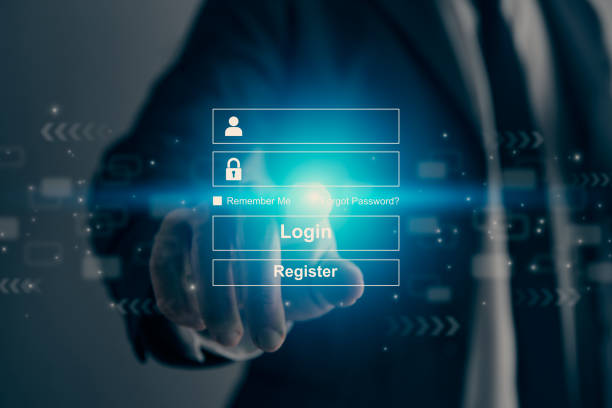 istock Businessman Hand Touching Blue Username and Password Login Rectangle Interface in Vintage Tone 1515478797