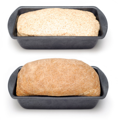 Home-made wholemeal bread dough in tin before and after baking, isolated on white background.