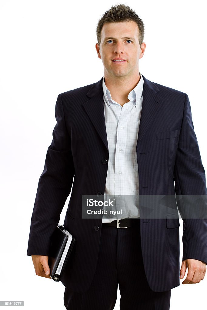 Felici Uomo d'affari con il notebook isolato - Foto stock royalty-free di Colletto aperto