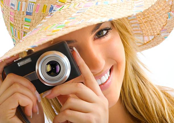 Young blond portrait with camera stock photo