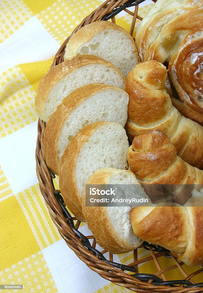 Basket with bread Batch in a basket, the top view Baguette Stock Photo
