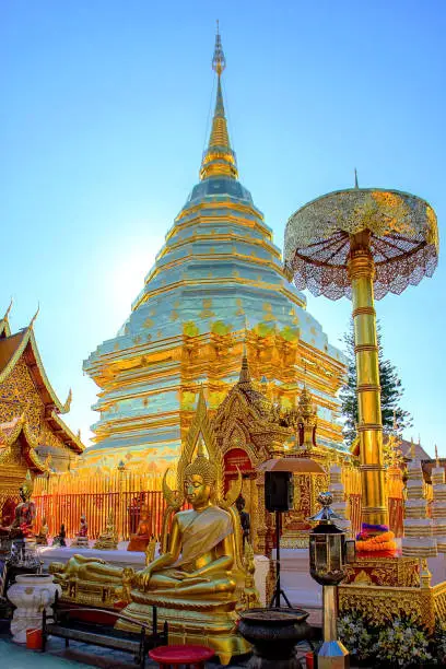 Golden pagoda at Phra That Doi Suthep Temple in Chiang Mai, Thailand. Is a religious tourist attraction of Chiang Mai
