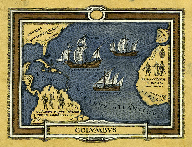 Illustration map of Columbus journey The map of the First Voyage of Christopher Columbus. Mixed media on paper.  christopher columbus stock illustrations