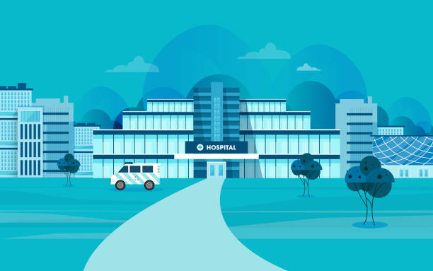 bildbanksillustrationer, clip art samt tecknat material och ikoner med health center, exterior of hospital building. ambulance - modern hospital