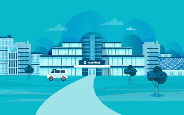 Vector illustration of Health center, exterior of hospital building. Ambulance