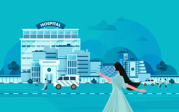 Vector illustration of Hospitalized patients and doctors near hospital