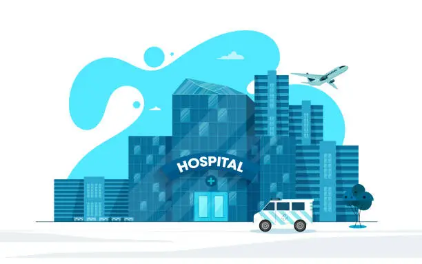 Vector illustration of City hospital with ambulance - modern flat design