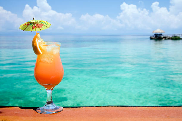 Tropical Drink Paradise A refreshing tropical drink, with an island paradise in the background tropical drink stock pictures, royalty-free photos & images